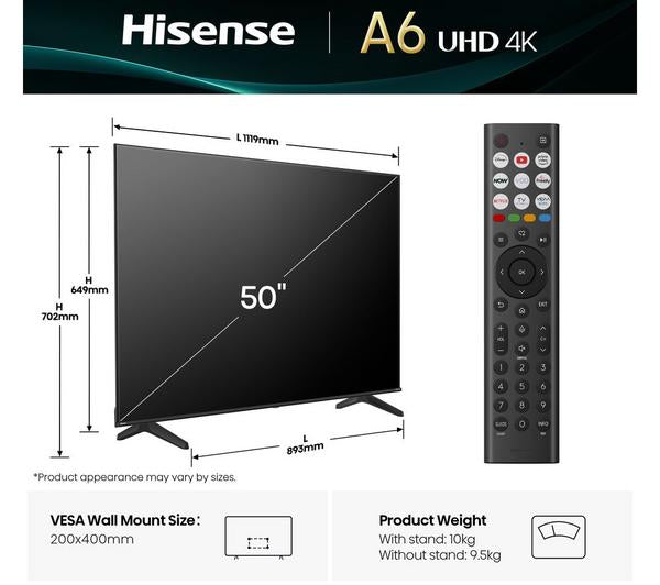 HISENSE A6Q 50" LED 4K HDR Smart TV with Freely - 50A6QTUK - Image 2