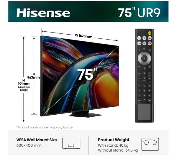 HISENSE 75UR9STUK 75" Smart 4K Ultra HD HDR RGB Mini LED TV - Image 2