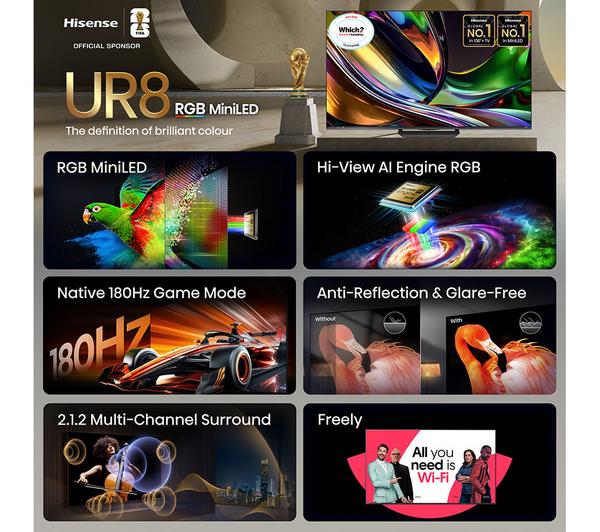 HISENSE UR8S 55" RGB Mini LED 4K 180Hz Smart AI TV with Freely - 55UR8STUK - Image 3